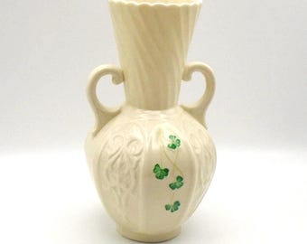 Vintage Belleek Shamrock Floral Pattern 8' Tall Vase with 2 handles, Made in Ireland, Circa 1980-1993