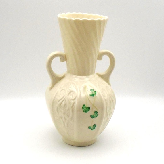 Vintage Belleek Shamrock Vase: Irish Porcelain with Handles, 8" Tall (1980-1993)