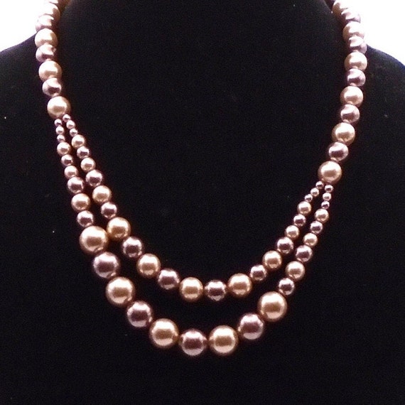 Vintage Roman (RMN) Chocolate Beige Two Strand Faux Pearl Adjustable Necklace a