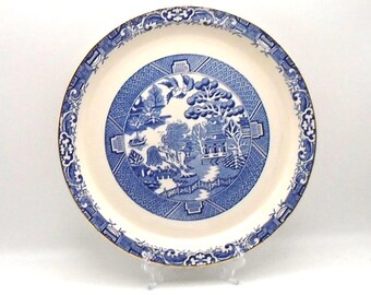 Vintage Brendan Erin Stone "Willow Pattern" Round Serving Plate, 10-1/2" Blue and White Decor, Made in Arklow Ireland, Circa 1970's