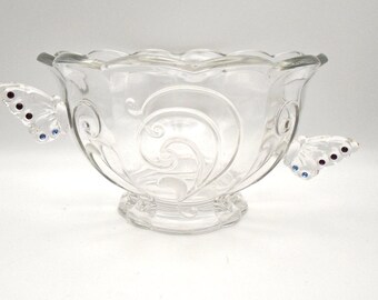 Rare Crystal Butterfly Bowl from Lenox, Scalloped Edge, Pedestal Base, Butterfly Handles With Red and Blue Stones
