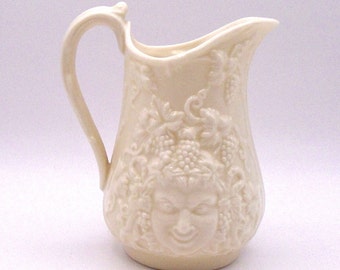 Vintage Belleek Porcelain Creamer Bacchus Mask and Grape Pattern, 4-1/8", 6 oz Capacity, Made in Ireland, Circa 1965-1980