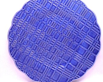 Vintage Bordallo Pinheiro 12-1/4" Round Serving Platter, Blue Checked Pattern, Made in Portugal, Discontinued Pattern
