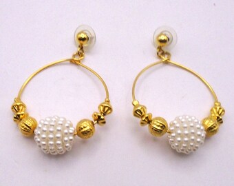 Vintage Avon Pearl Golden Ball Pendant Large Circle Dangling Pierced Earrings, Circa 1990's