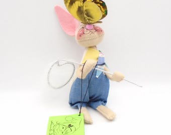 Vintage Annalee Mobilitee Posable 7" Country Bunny with Butterfly and Butterfly Net, Circa 1982, Made in USA, Easter Collectibles