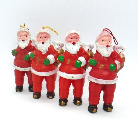Vintage 1950s Santa Claus Ornaments: Injection Molded Plastic, Hong Kong