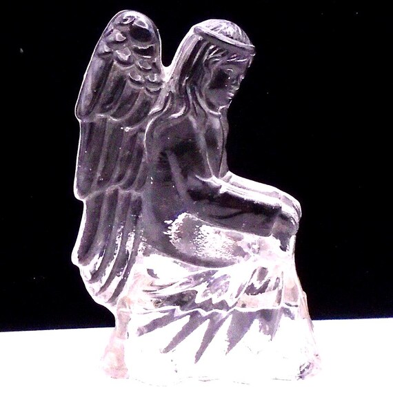 Vintage Thick Crystal Clear Glass Guardian Angel Votive Candle Holder
