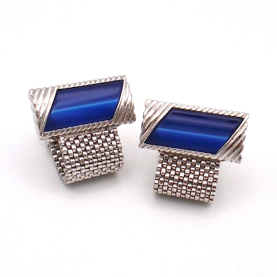 Vintage 1970's Cuff Links Silvertone Mesh Braid with Blue Lucite Inserts