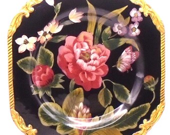 Vintage Raymond Waites "Bali" Platter, Square Serving Tray Black Floral Embossed, 13"