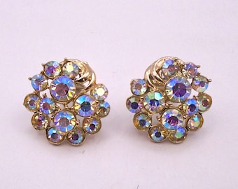 Vintage Large Bezel Clear Rhinestone Cluster Clip-On Earrings