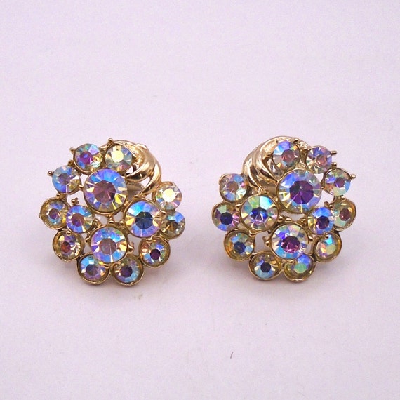 Vintage Large Bezel Clear Rhinestone Cluster Clip-On Earrings