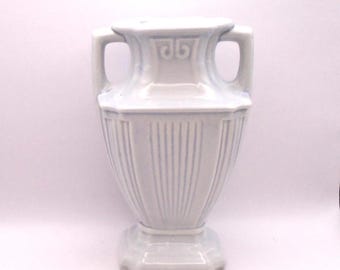Vintage Art Deco Style Double Handled Stoneware Vase , Blue-Gray, Crazed Glaze Greek Design