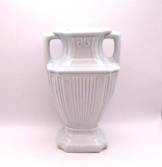 Vintage Art Deco Style Double Handled Stoneware Vase , Blue-Gray, Crazed Glaze Greek Design