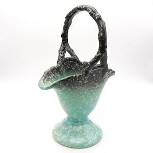 May include: A ceramic basket with a handle, featuring a pedestal base and a flared rim. The basket is a gradient of teal to black, speckled with white. The handle is black with white speckles.