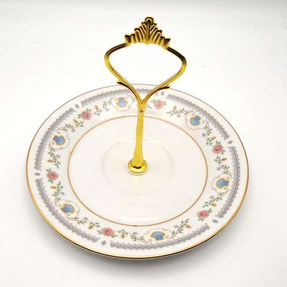 Vintage Sango Tivoli Trinket Dish: Pink Roses & Seashells, Gold Handle