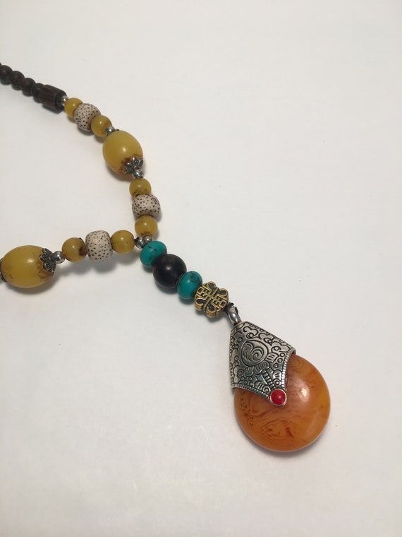 Vintage-Style Ethnic or Tribal Pendant Necklace, Teardrop Pendant Set in Tibetan Silver