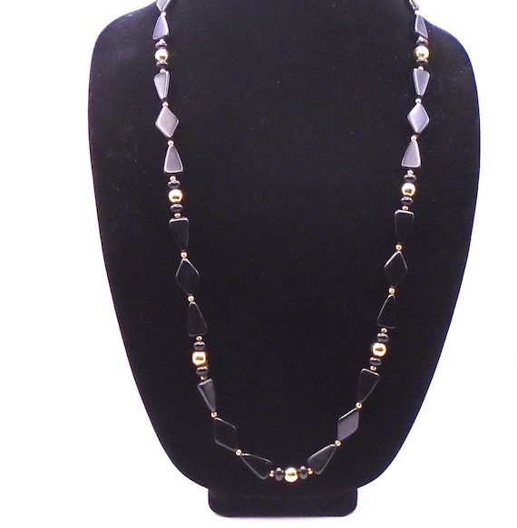 Vintage Trifari Gold Tone Black Lucite Beaded Necklace - 28"