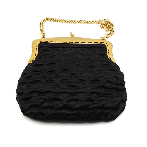 Vintage Italian Made Puckered Black Sateen Evening Bag with Adjustable Goldtone Chain Strap, Circa 1950-60's