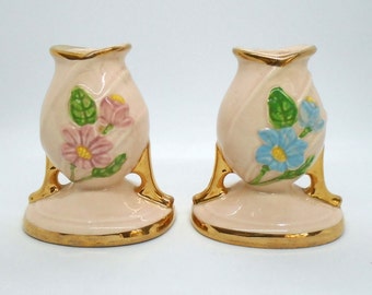 Vintage 1947-48 Hull Art Pottery "Magnolia" Candle Holders, Design H-24