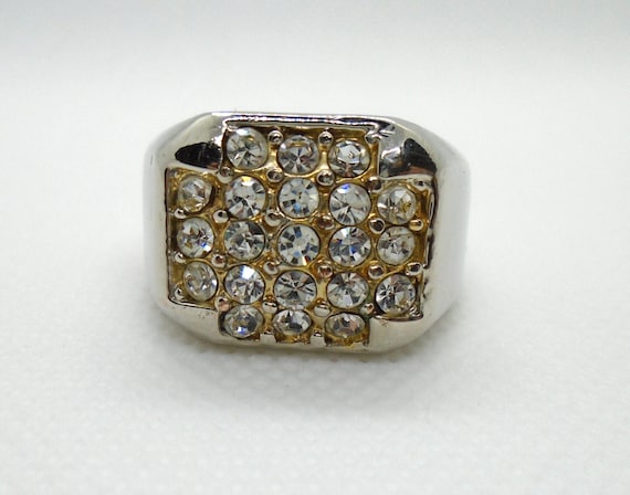 Vintage Men's Silvertone and Rhinestone Statement Ring