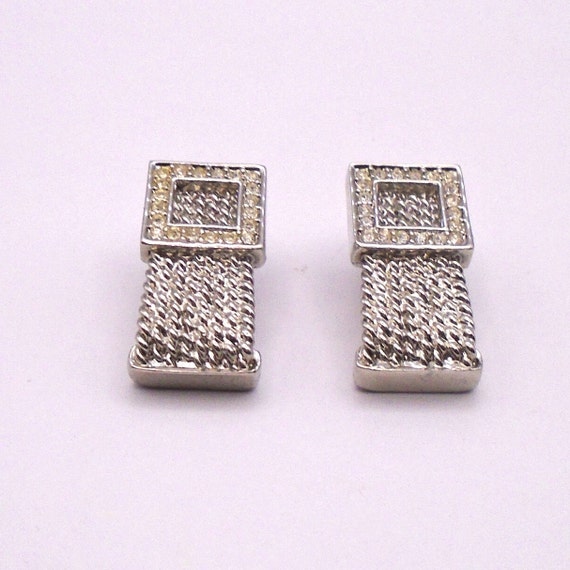 Vintage Rhinestone Silvertone Belt Buckle Earrings