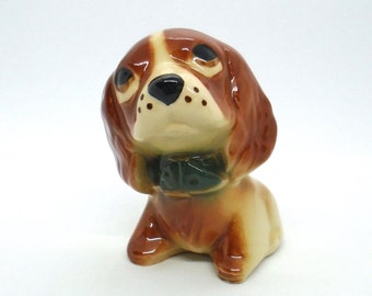 Vintage 1950-60's Brown floppy-eared, big-eyed Puppy with green collar, Ceramic Planter/Trinket Holder