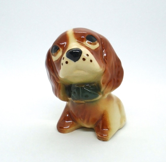 Vintage 1950-60's Brown floppy-eared, big-eyed Puppy with green collar, Ceramic Planter/Trinket Holder