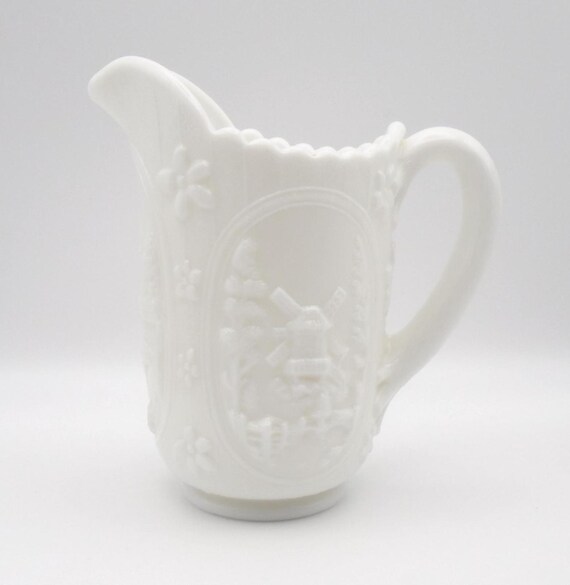 Vintage Imperial Windmill Milk Glass Pitcher: Frosted Embossed Design, Circa 1940s-50s