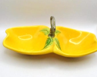 Vintage California Pottery Double Apple and Leaf Mid-Century Modern Ceramic Serving Dish (716) with Two Bowls and Metal Handle, Made in USA