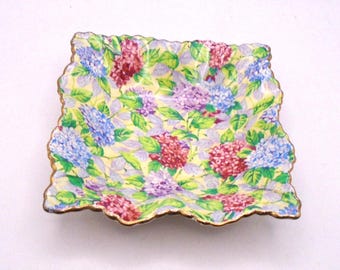 Vintage James Kent Old Foley Hydrangea Ruffled Square Trinket Dish, Made in England