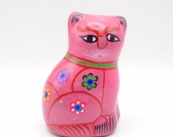 Talavera Folk Art Hand Painted Small Pottery Cat, 4-1/4" Tall