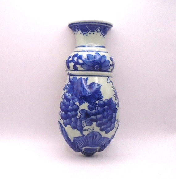 Vintage Victoria Ware Cobalt Blue and White Floral Flower Vase Wall Pocket