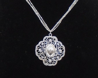 Vintage NRT Avon Silvertone Necklace with Filigree Jeweled Pendant