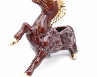 Vintage 1950's Mid Century Modern Stallion/Horse Ceramic Planter in Brown with Gold trim
