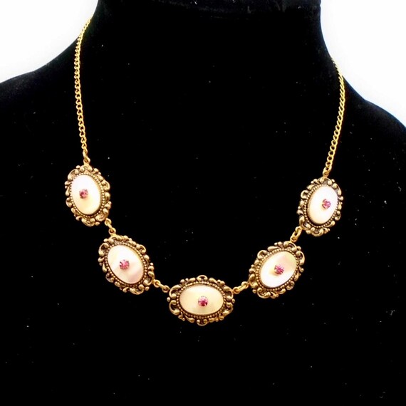 Vintage Victorian Revival Necklace: Mother-of-Pearl & Pink Rhinestone Scroll