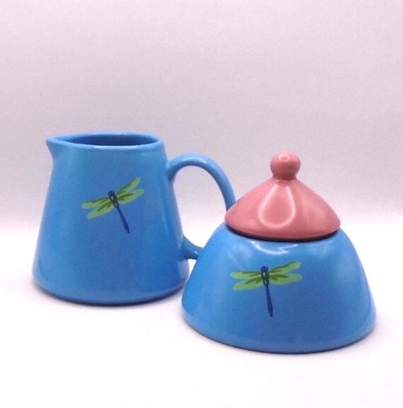 Vintage Dragonfly and Daisy Flower Sugar Bowl with Lid and Creamer, Annie's Treasures