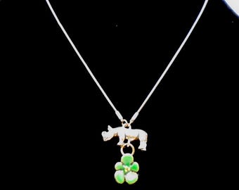 Vintage PILGRIM Danish Design Rhino and Green Flower Pendant Necklace, New with Tag, Adjustable in Length