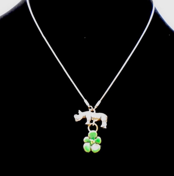 Vintage PILGRIM Danish Design Rhino and Green Flower Pendant Necklace, New with Tag, Adjustable in Length