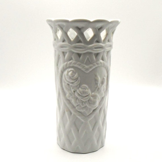 Vintage White Reticulated Vase with Embossed Heart and Roses, 8" Tall
