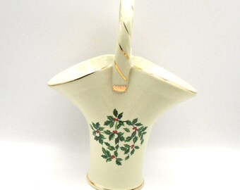 Vintage Formalities Basket-Style Vase with Hand Painted Holly and Berries, Trimmed in Gold, Christmas Decor