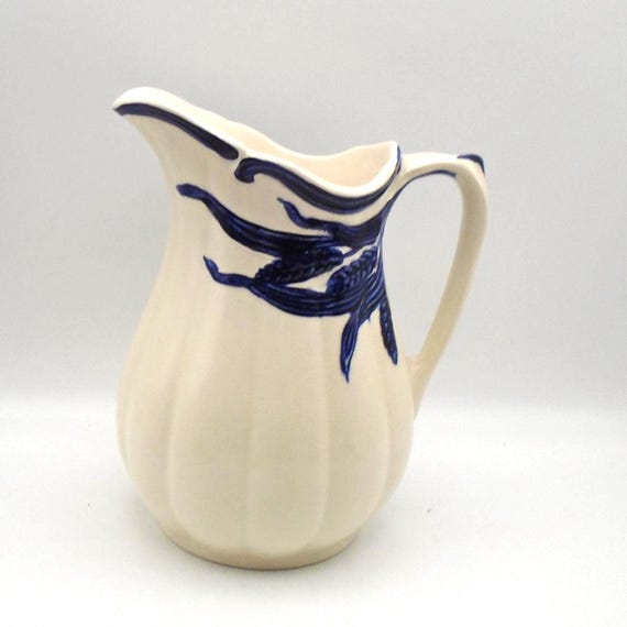 Vintage White Ironstone Pitcher with Blue Wheat Pattern, Wilkinson Royal Staffordshire England, Rare find