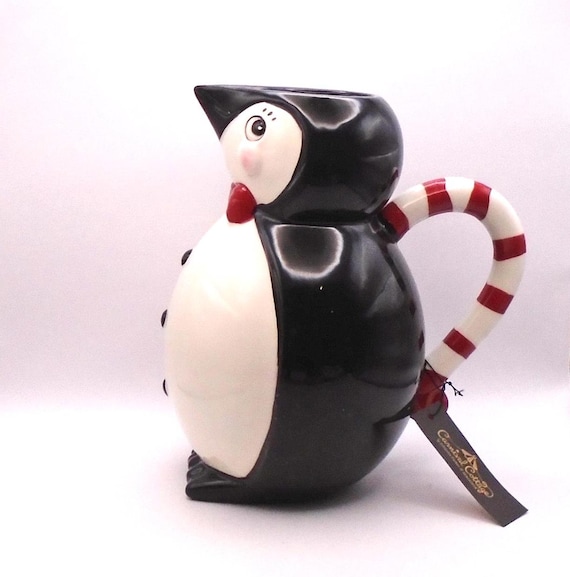 Vintage Christmas Penguin Pitcher, Carnival Cottage, Johanna Parker, Black, Red and White
