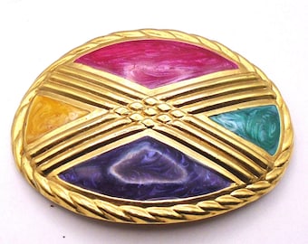 Vintage DAY-LOR USA Belt Buckle Unique Gold Tone Cross X with Swirled Red, Green, Purple, and Yellow Enamel Shapes
