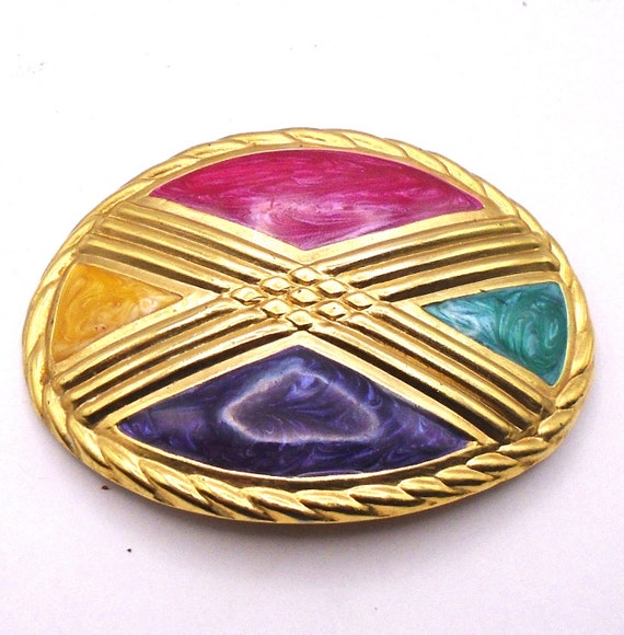 Vintage DAY-LOR Gold Tone Belt Buckle: Colorful Enamel Cross