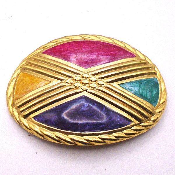 Vintage DAY-LOR USA Belt Buckle Unique Gold Tone Cross X with Swirled Red, Green, Purple, and Yellow Enamel Shapes