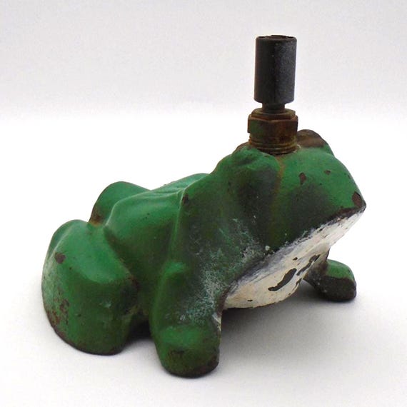 Vintage Early 20th Century Green & White painted Cast Iron and Brass Garden Frog Sprinkler