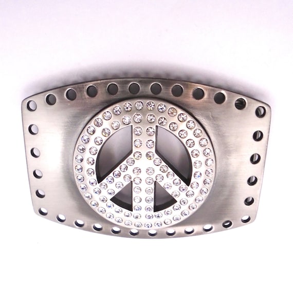 Vintage Western Belt Buckle: Silvertone Peace Sign with Rhinestones