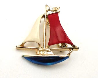 Vintage Gerry's Enamel and Goldtone Metal Red, White, and Blue Sailboat Lapel Pin