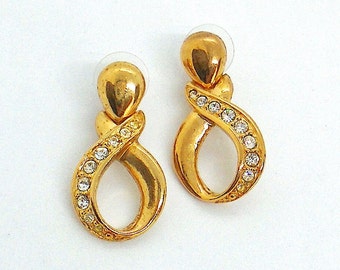 Vintage Avon Sparkling Rhinestone Tear Drop Gold Tone Pierced Earrings