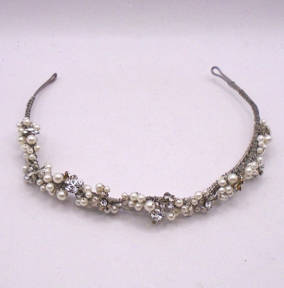 Vintage Faux Pearl and Rhinestone Head Band / Headpiece by Designer Rafaella